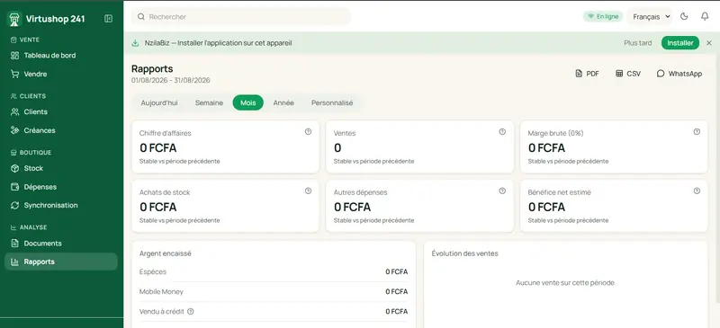 Écran Rapports de NzilaBiz : navigation latérale verte (Vendre, Clients, Créances, Stock, Synchronisation, Rapports), indicateurs chiffre d’affaires, ventes, marge brute et bénéfice net en FCFA, et bloc argent encaissé.